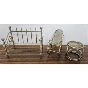 Vtg Dollhouse Miniature Faux Brass Day Bed Rocking Chair End Table Gold